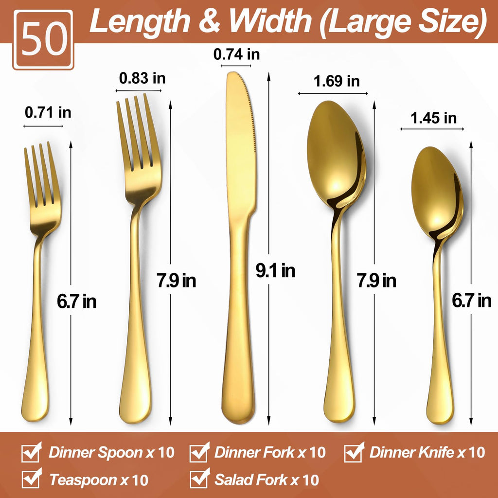 Gold Silverware Set,50-Piece Stainless Steel Flatware Set for 10