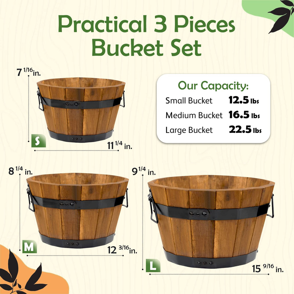 Set of 3 Wooden Flower Boxes Outdoor, Durable Acacia Wood Barrel Planters for Outdoor Plants with Ergonomic Handles