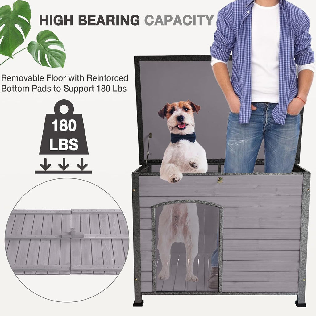 Dog House Outdoor Insulated Dog House for Small Medium Large Dogs, Natural Wood with Iron Frame, Waterproof Roof