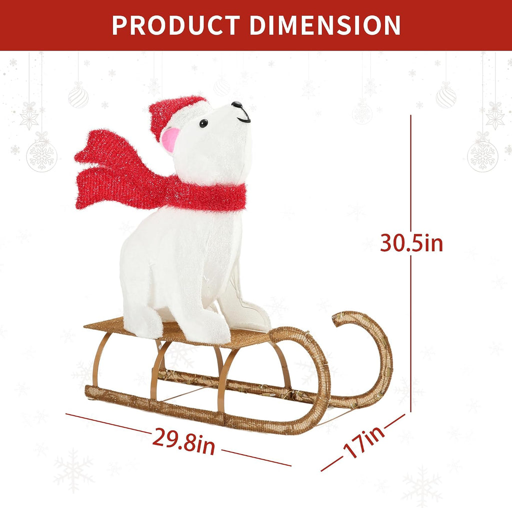 Sleigh Polar Bear Outdoor Christmas Decorations, 2.5 FT Pre-Lit Holiday Decor with 102 LED Warm White Light, Lighted