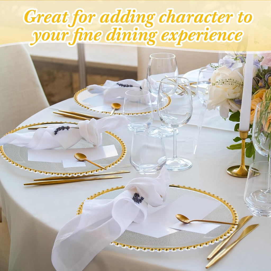 Clear Charger Plates Bulk 13 Inch Plastic Round Beaded Dinner Chargers Acrylic Frosted Grain Decorative - Set of 12
