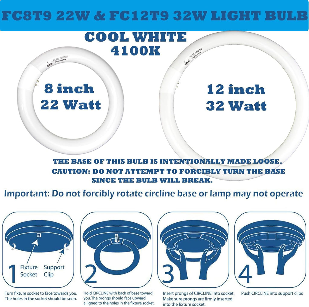 22W and FC12T9/CW 32W Cool White Round Fluorescent Light Bulb Set, 8 inch T9 22 Watts & 12 inch 32 Watts