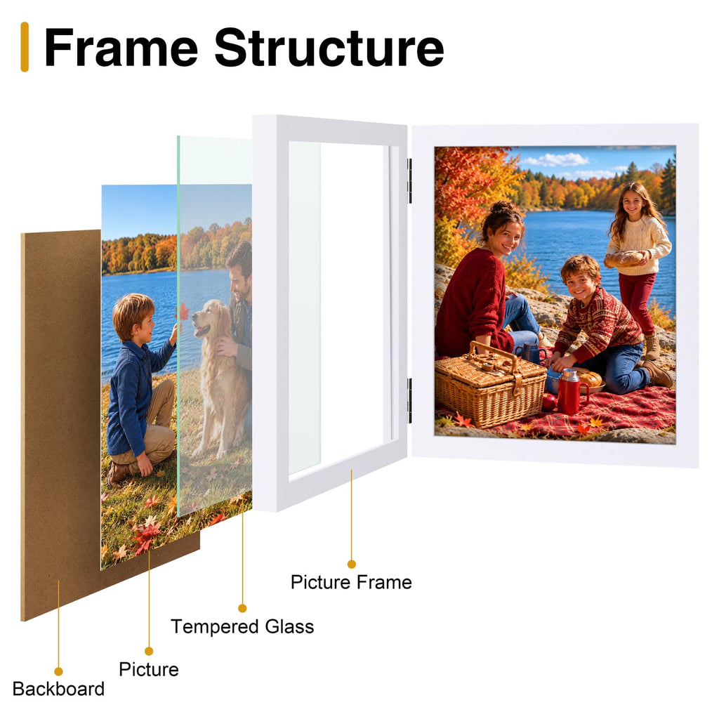 8x10 Double Picture Frames, Hinged Frame with Tempered Glass