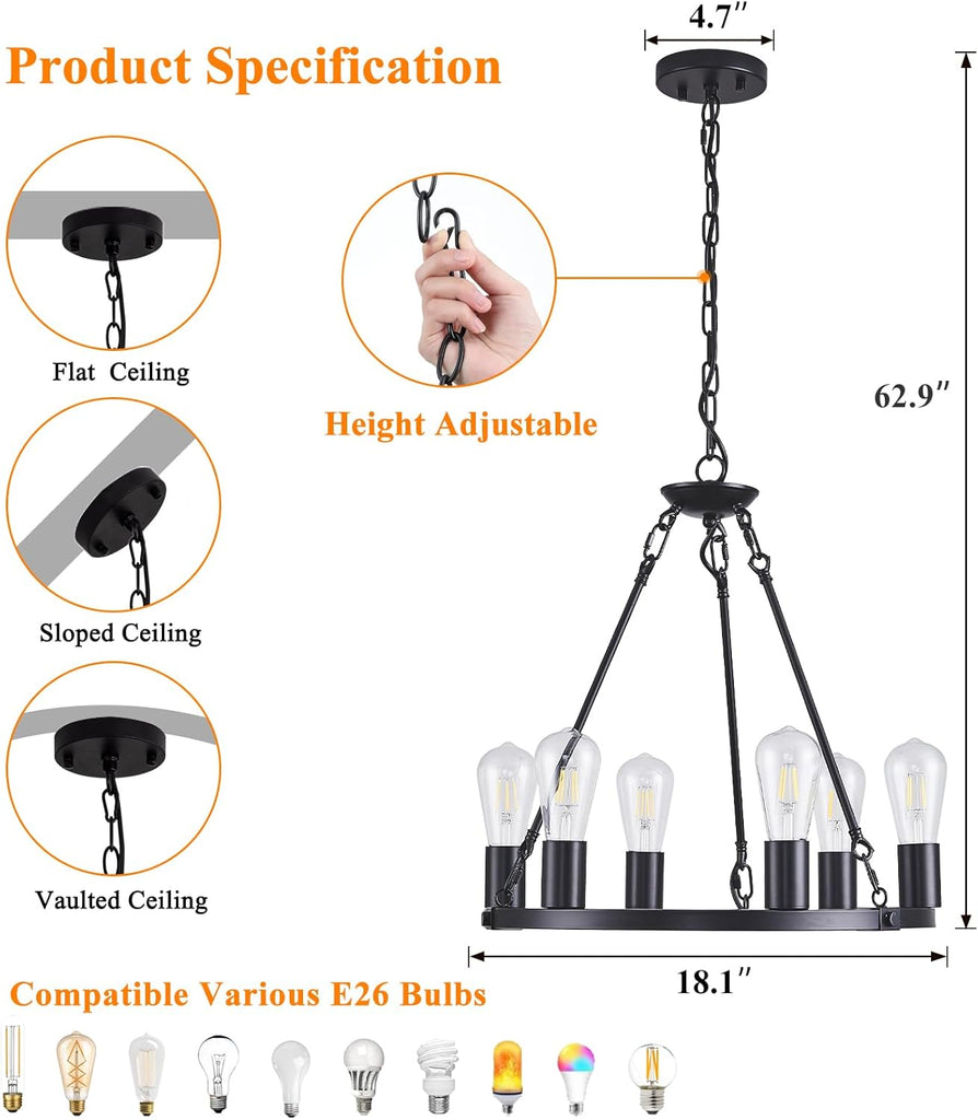 Inspired Camino Style Chandelier - Farmhouse 6 Lights Black Wagon Wheel Chandelier,Modern Vintage Round Pendant Light Fixture for Dining Room,Living Room, Entryway Foyer Kitchen Island, E26 A105-B0D78D9V8L