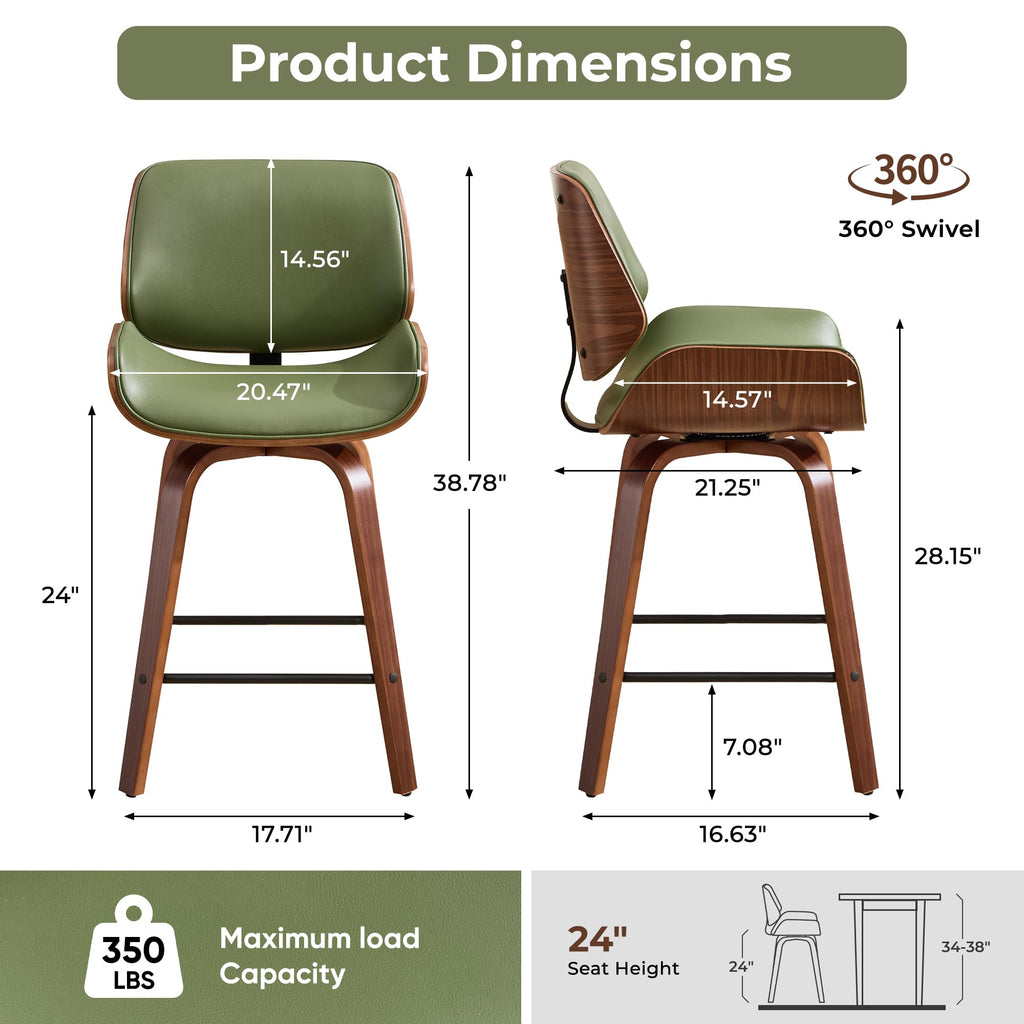 Swivel Bar Stools Set of 2, 24" Upholstered Faux Leather Barstools, Mid Century Modern Counter Height Barstools with