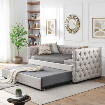 Daybed with Trundle, Upgraded Linen Upholstered Twin Size Day Bed Button-Tufted Sofa Daybed Frame with A Trundle, No