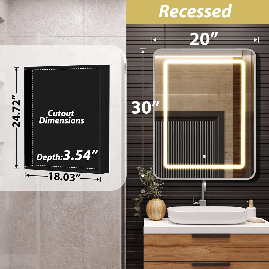 20x30 Inch Lighted Bathroom Medicine Cabinet with Mirror, Silver Recessed or Surface Mount Medicine Cabinet Mirror