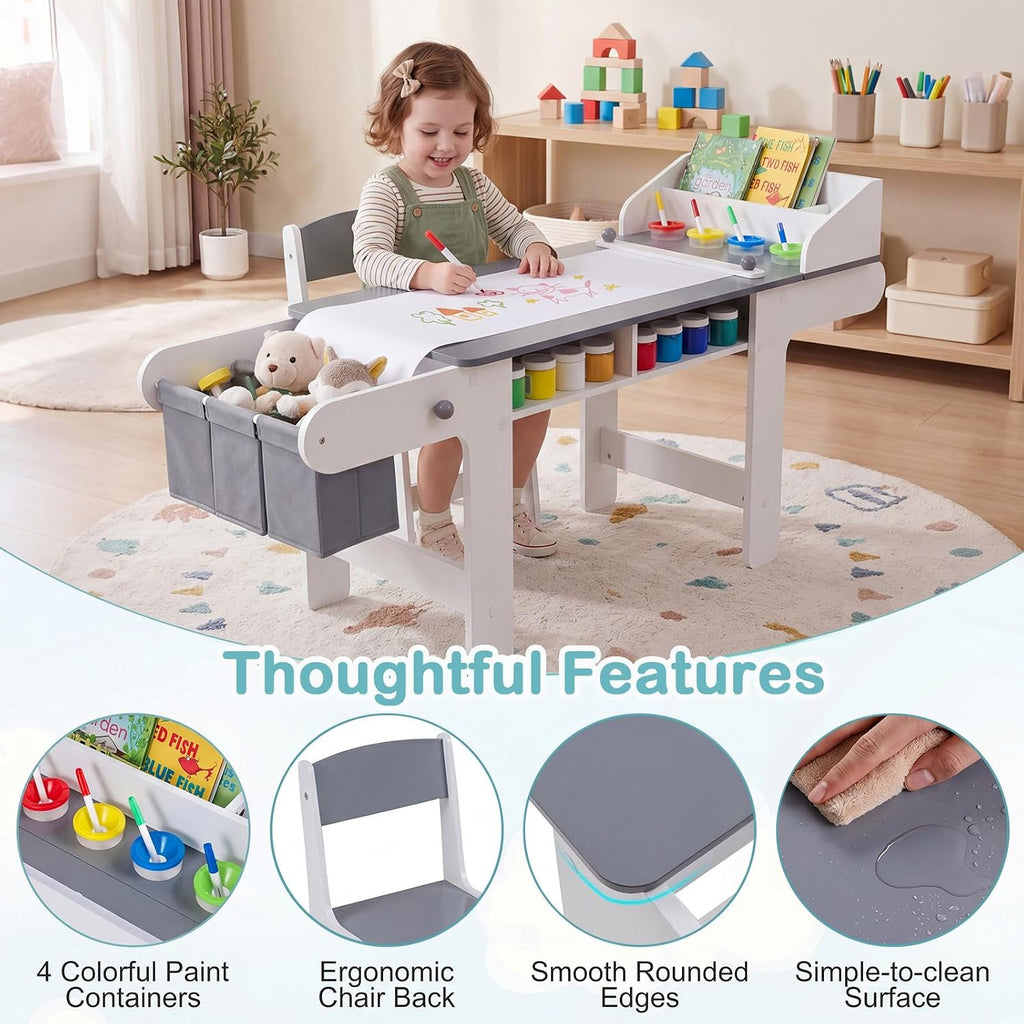 Kids Art Table and Chair Set, Wooden Craft Table with Paper Roll