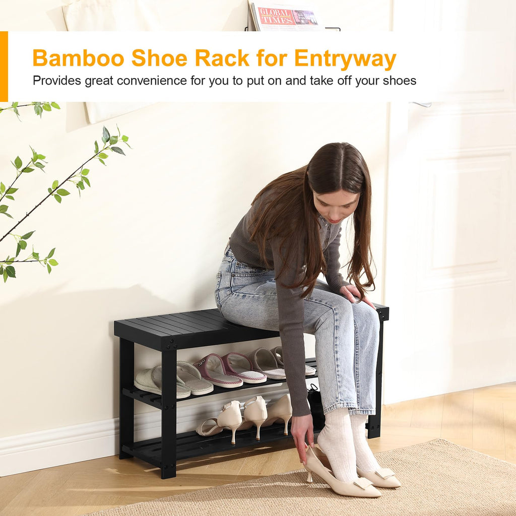 Bamboo Shoe Rack Bench, 3-Tier Shoe Storage Organizer, Black