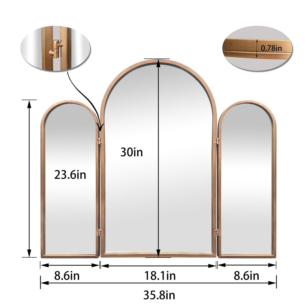 3 Way Mirror Bathroom, Trifold Vanity Mirrors Bedroom, Large Arch Mirrors Decorative Vintage Gold, Adjustable Makeup