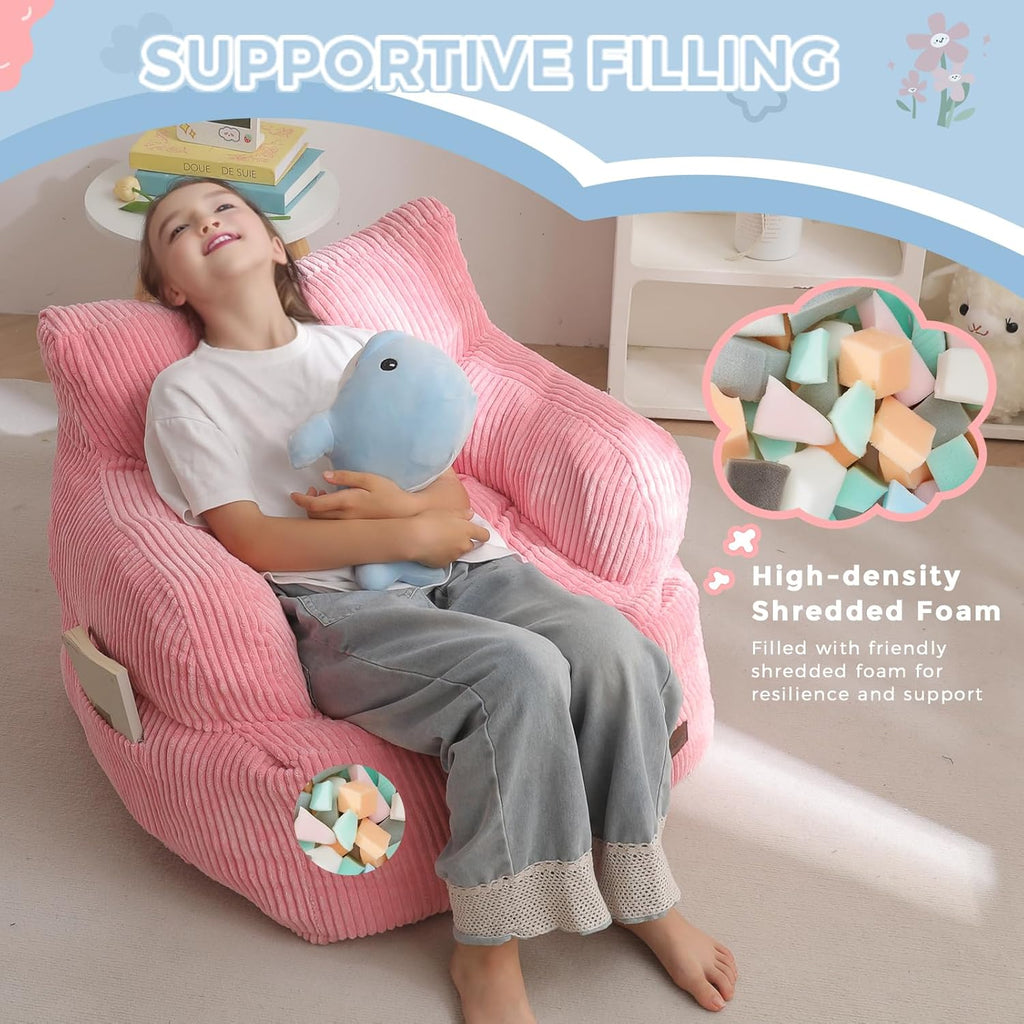 Kids Bean Bag Chair, Stuffed Bean Bag Sofa, Pink, Standard