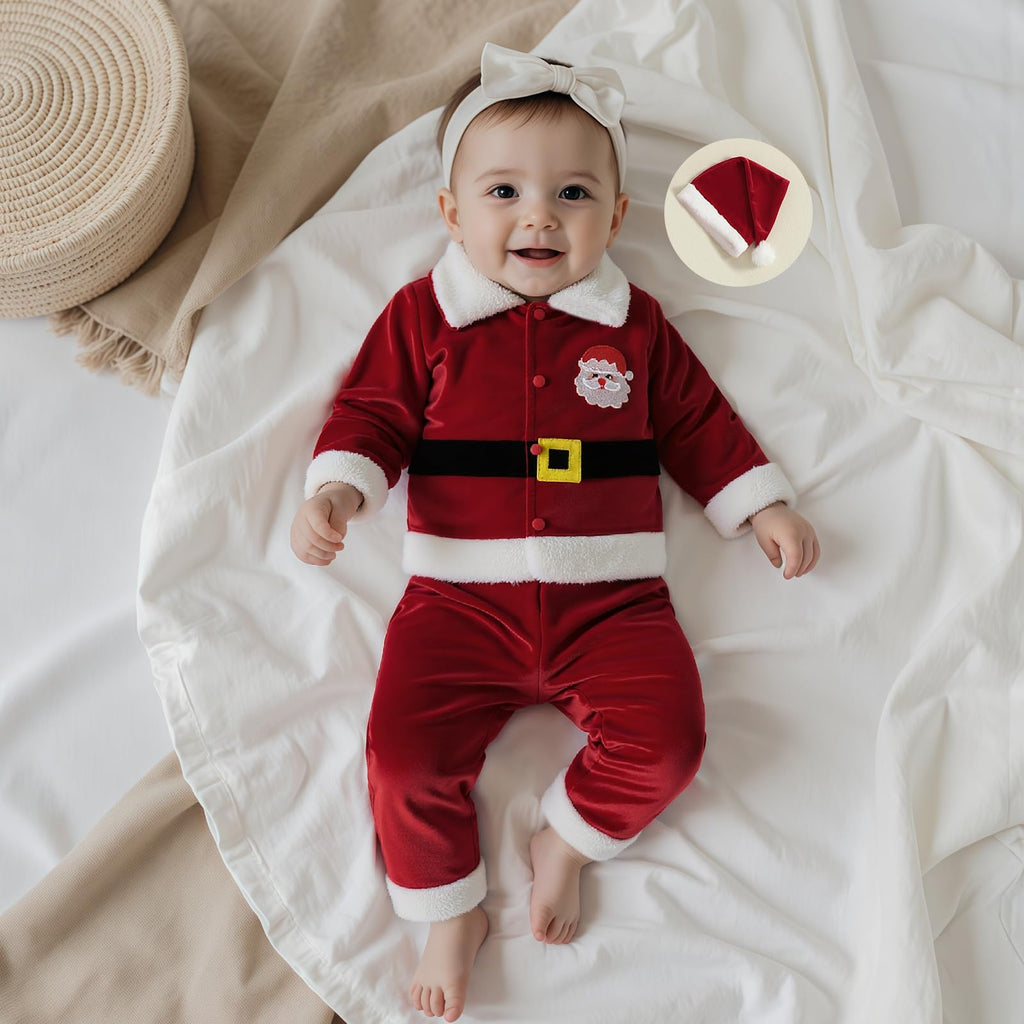 Toddler Baby Boys Girls Santa Claus Clothes Red Velvet Long Sleeve Christmas Coat and Long Pants 2Pcs Sets Outfit