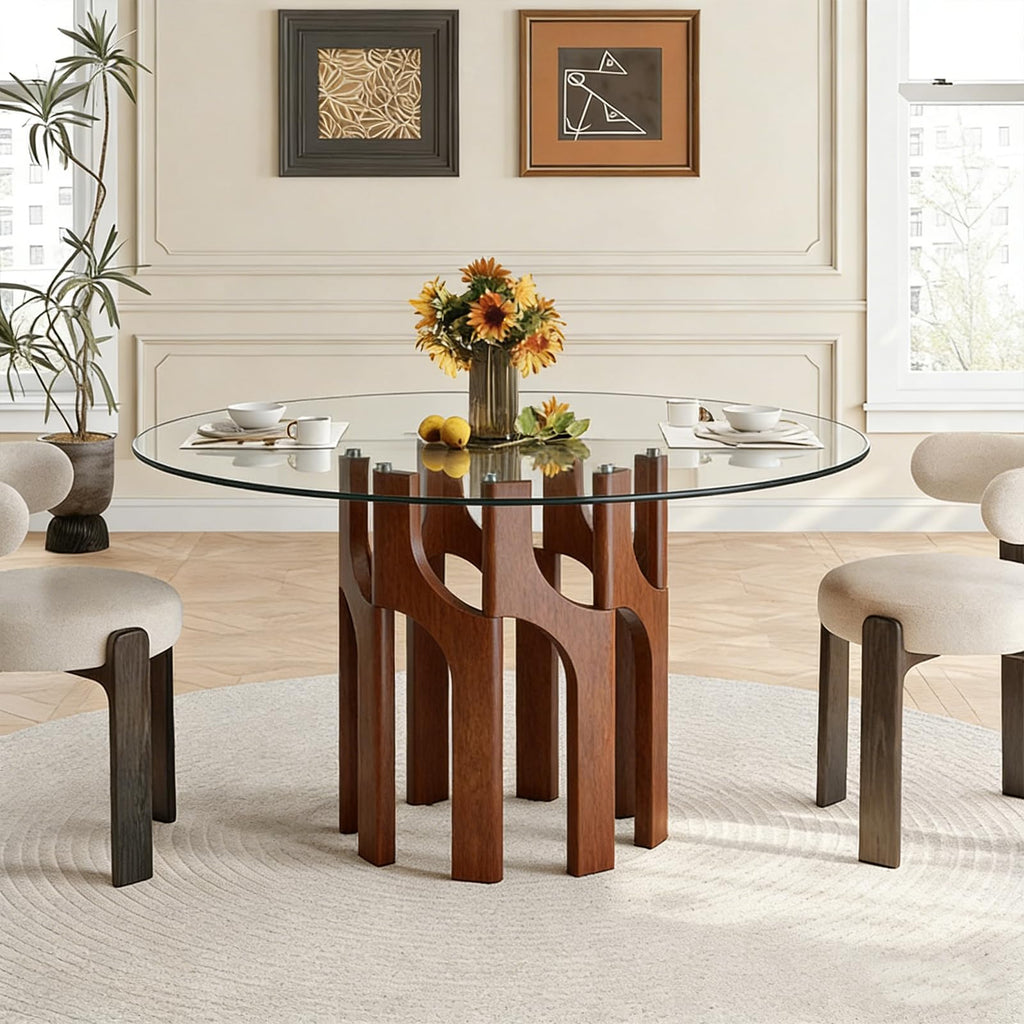 Round Glass Dining Table for 4-6, Modern 46-Inch Kitchen Table with Sturdy Pedestal Base & Clear Tempered Glass Top