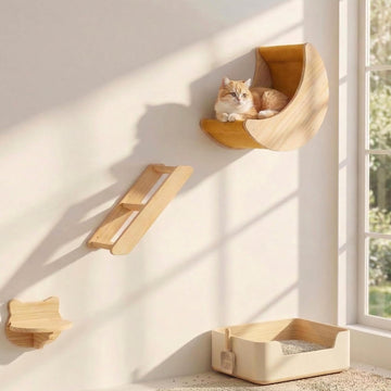 Cat Wall Shelves Set, Solid Wood Moon Bed, Perch & Stair for Climb and Rest