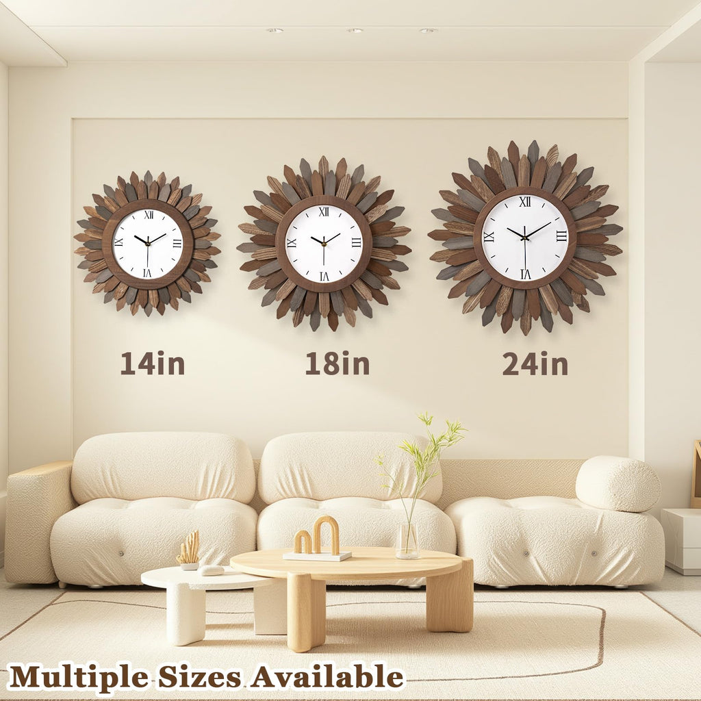 24 Inch Large Wall Clock Battery Operated Silent Rustic Wood Boho Sunburst Decorative Wall Clocks Kitchen Bedroom