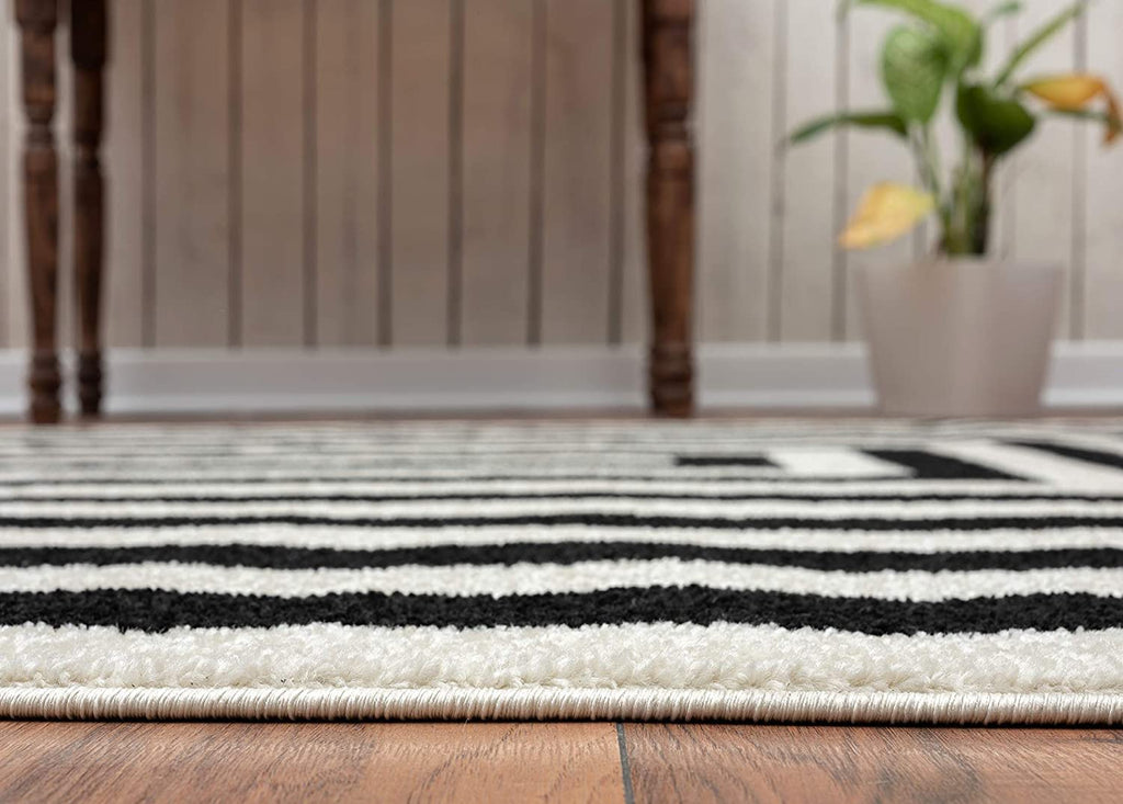 Contemporary Black & Ivory Area Rug, Contrasting Geometric Modern Stripe Symmetrical Living Room Carpet Rugs