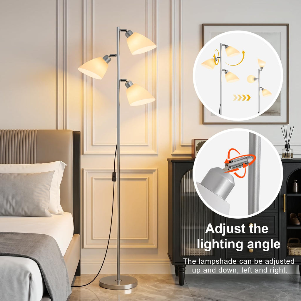 Silver Modern 3-Light Tree Floor Lamp, Adjustable Acrylic Frosted Shades
