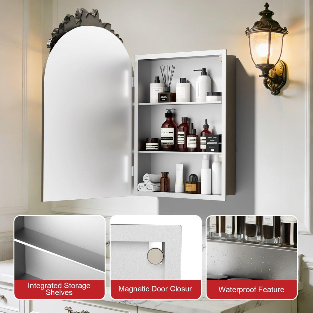 Baroque Mirror Medicine Cabinet: Arch Frame Rose-top, Chrome Grey