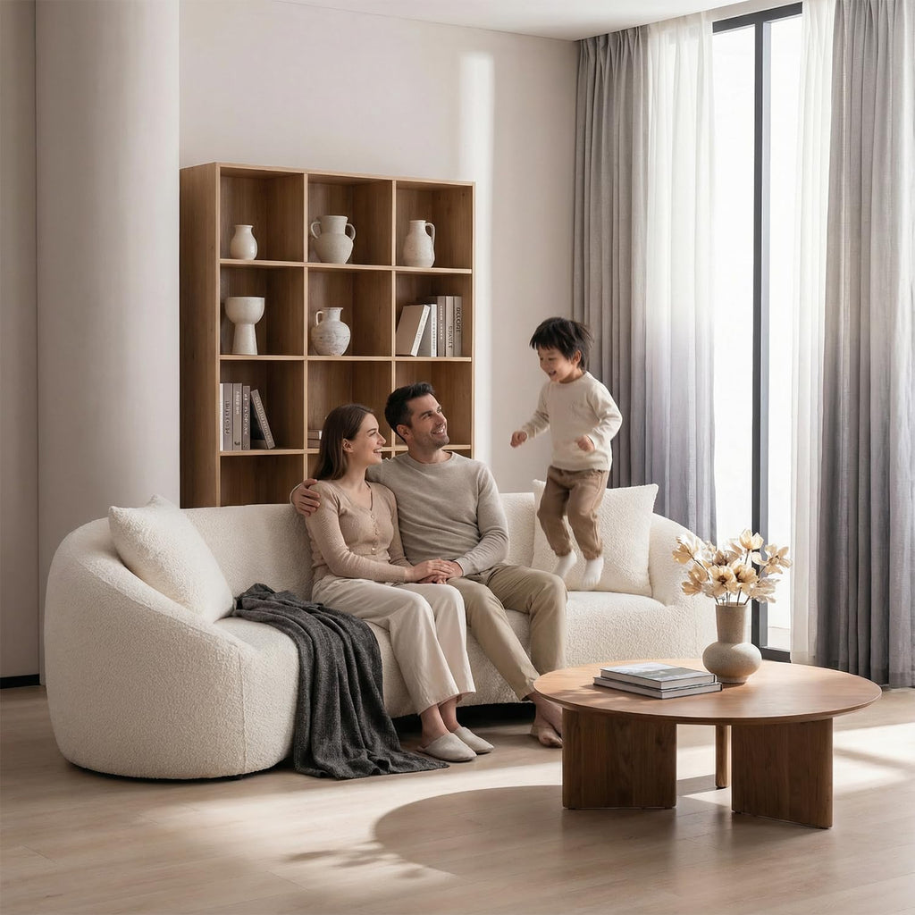 93.31" Curved Sofa Couch, Oversized 3-Seater, Boucle Couch with 2 Pillows