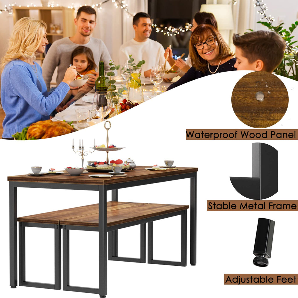 Kitchen Table Set with 2 Benches, Bench Dining Table Set for 4, 3 Piece Dining Room Table and Long Benches, Breakfast