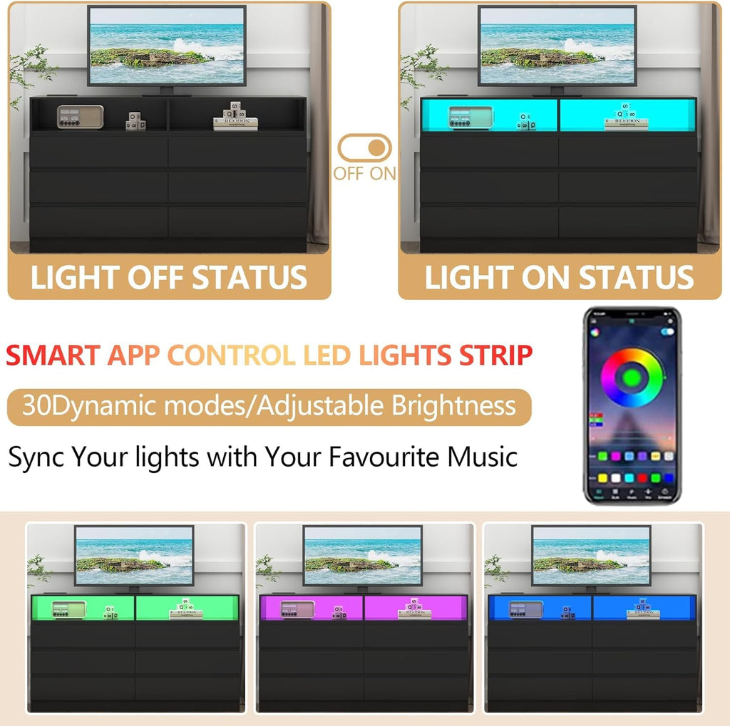 6 Drawers Double Black Dresser with Power Outlet & LED Light