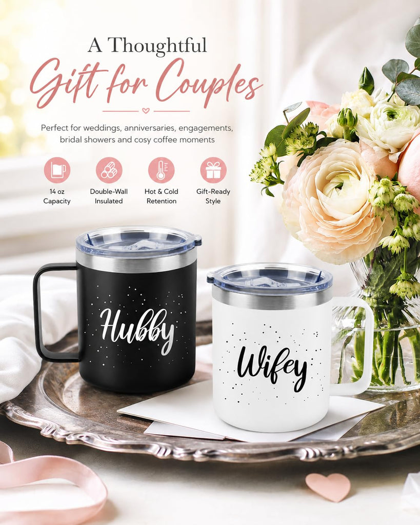 Hubby Wifey Mugs Set, Couple Coffee Mugs-Insulated Coffee Mug with Handle, 14oz Tumbler Set 2 Pack, Wedding Gifts for
