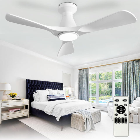 42-Inch Flush Mount Low Profile Ceiling Fan with Dimmable LED Light and Remote - White, 3 Blade, Ultra Quiet DC Motor