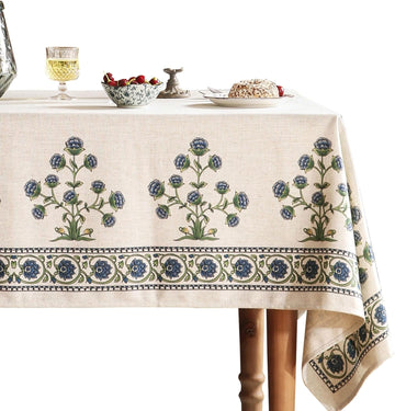 Designer Vintage Small Blue Rectangle Table Cloth,Linen Leaves Pattern Floral Tablecloth,Farmhouse F