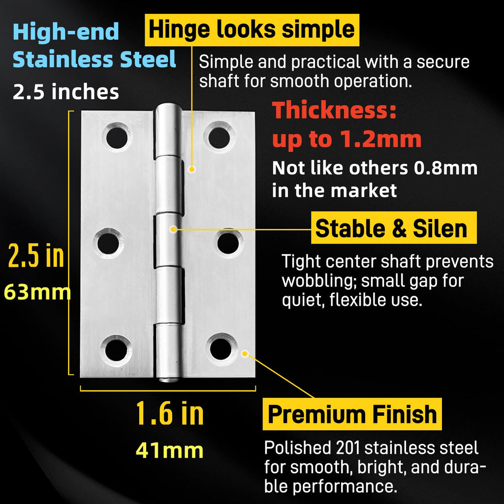 12 PCS 2.5 inch Door Hinge Thick Cabinet Hinge, High-end Stainless Steel Butt Hinges for Wood, Small Hinges Window