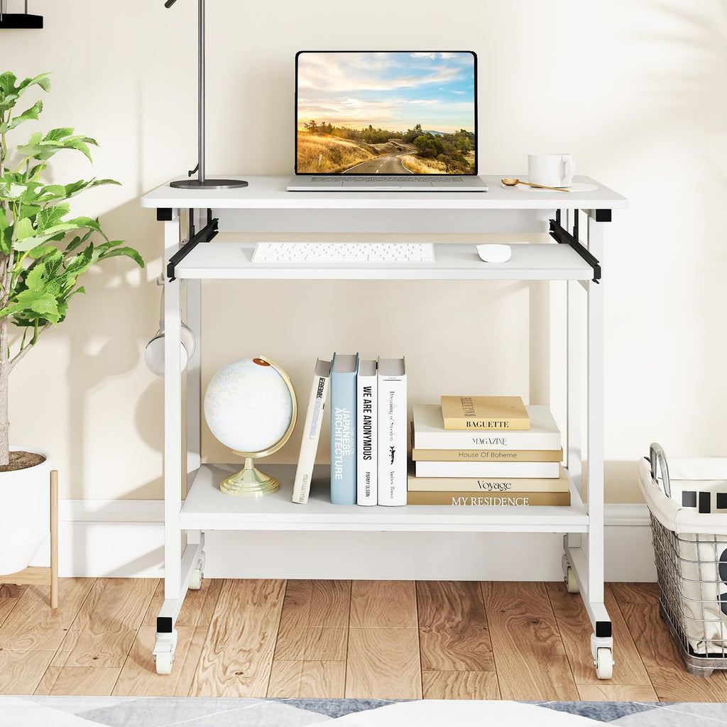 Rolling Computer Desk, Mobile Portable Desk with Keyboard Tray & Wheels, Laptop PC Table Cart with Shelf & Hooks