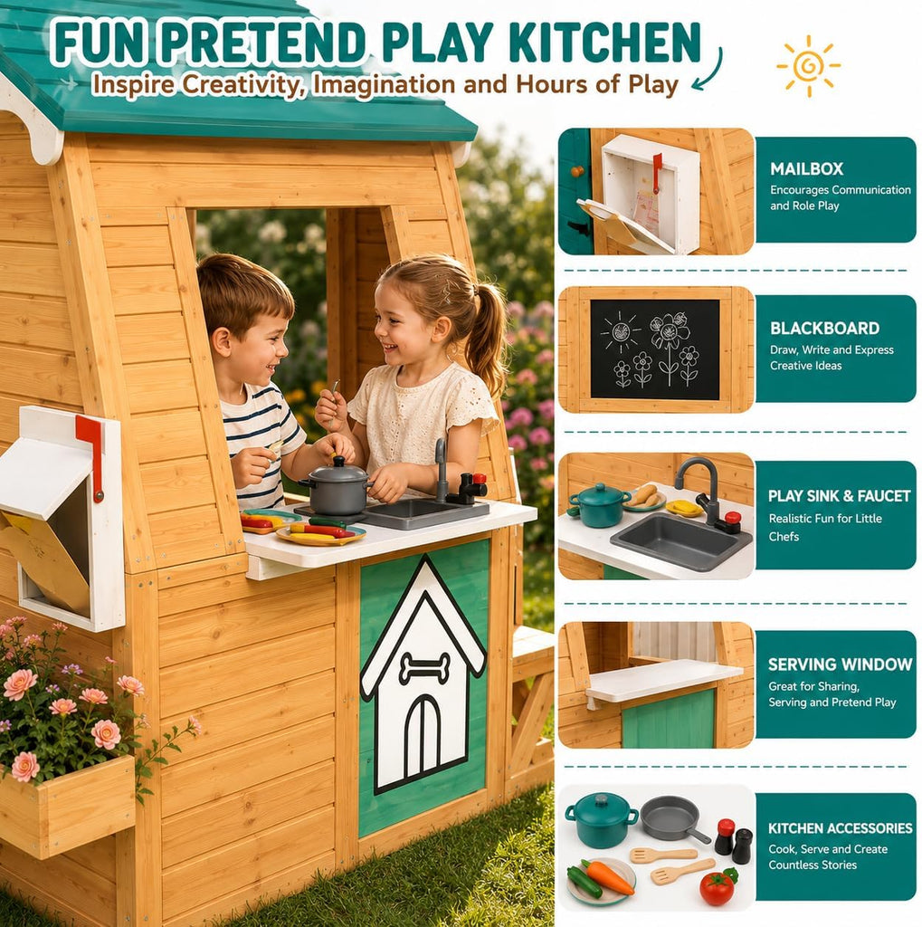 Wooden Outdoor Playhouse for Kids, Finnish Spruce Backyard Cottage with Kitchen Playset, Mailbox, Bench & Blackboard