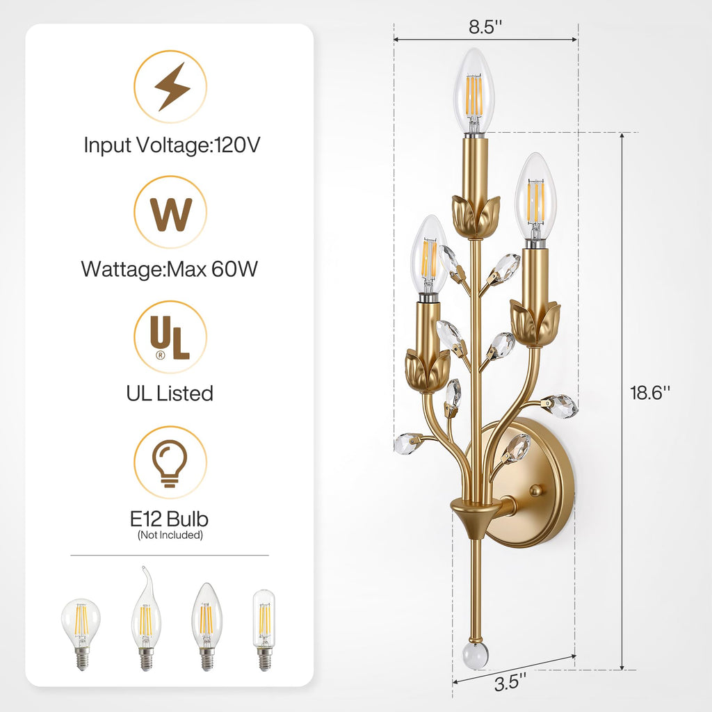 Gold Crystal Wall Sconce, 3-Light Floral Vine Candle Wall Light