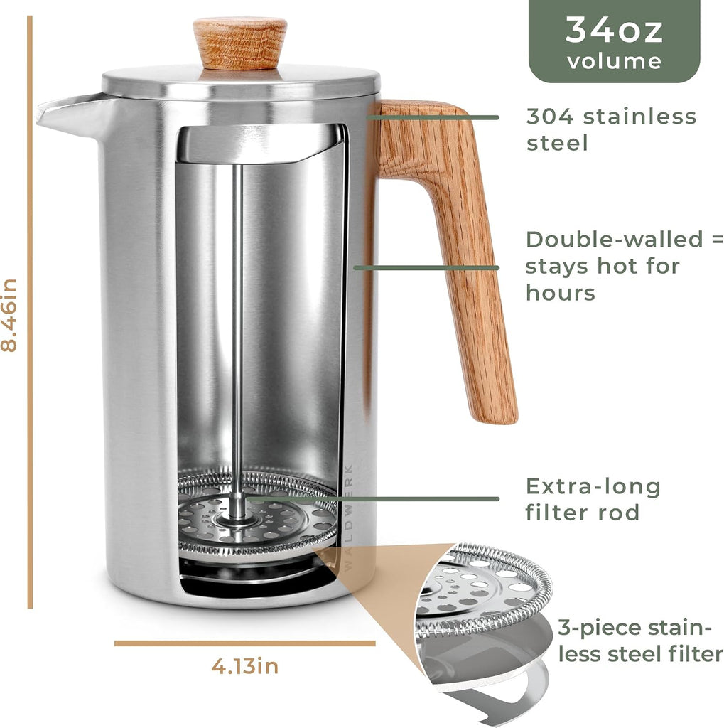 French Press (34 oz) - Non-Toxic Stainless Steel Double Wall French Press Coffee Maker - Plastic Free Coffee Press