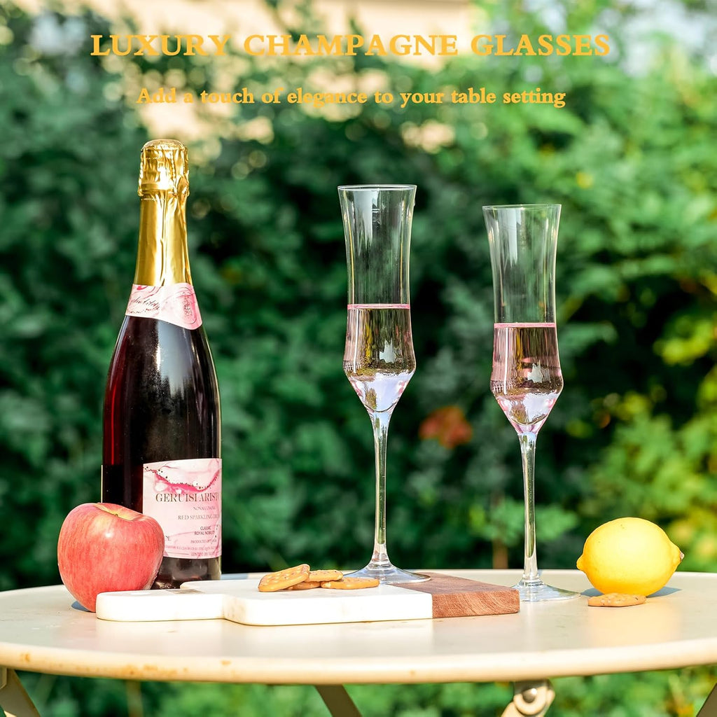 Champagne Flutes Set of 6 - Hand Blown Crystal Champagne Glasses With Long Stem - 7 oz Elegant Sparkling Wine