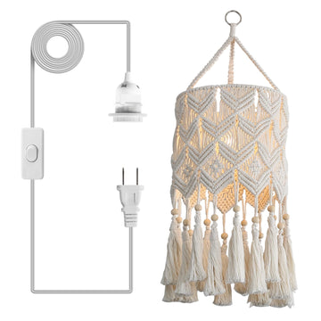 Boho Hanging Lamp, Macrame Lamp Shade, Pendant Light with Cord(9.8FT)