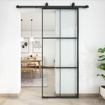 38in x 96in Glass Sliding Barn Door with 6.6ft Hardware kit, 3-Panel Black Aluminum Frame and Clear 