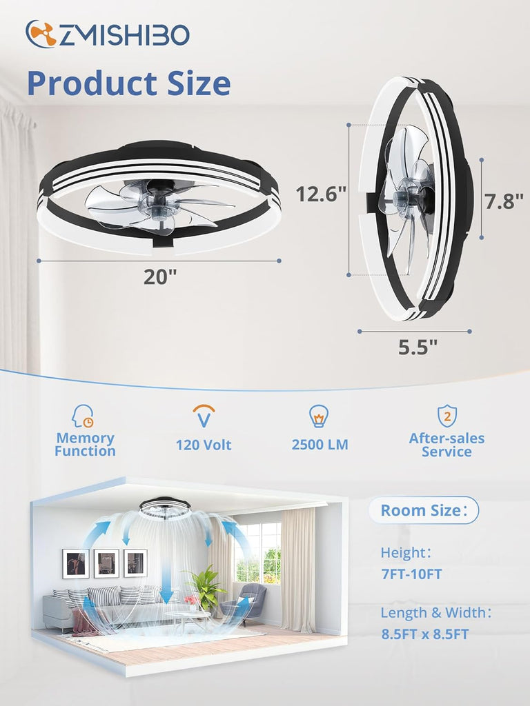 Low Profile Ceiling Fans with Lights and Remote, 20 Inch Flush Mount Ceiling Fan with Light