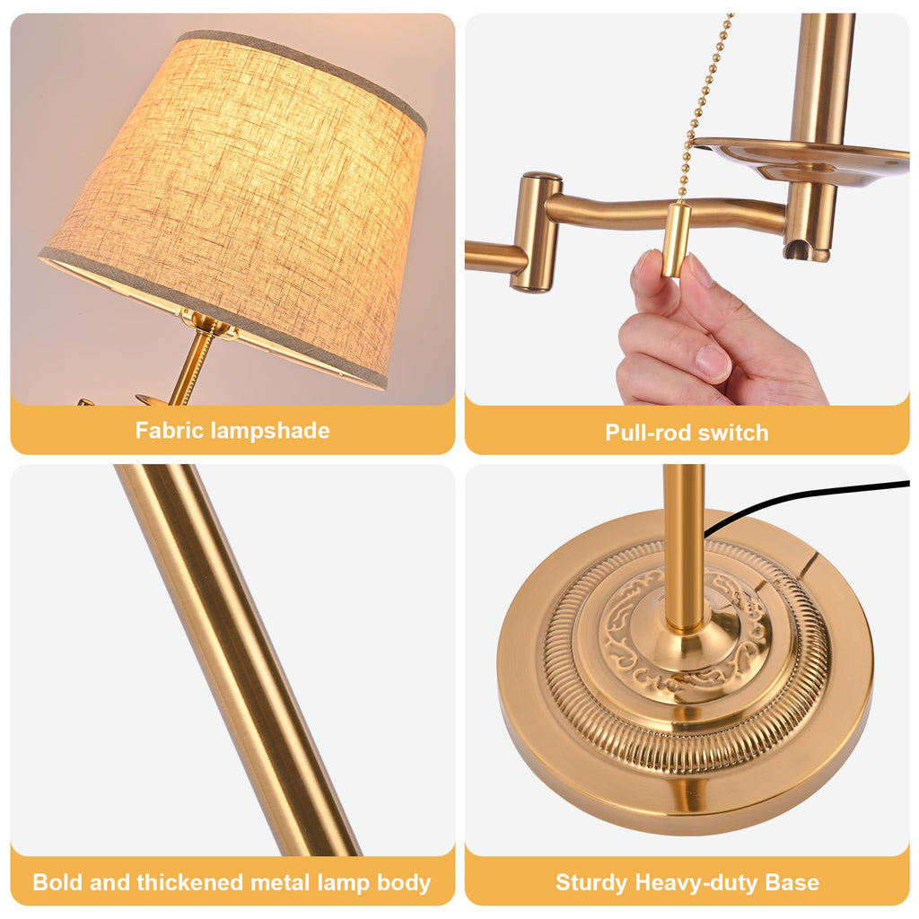Gold Brass Swing Arm Floor Lamps with 3-Color Bulb, Eye-care Reading Light