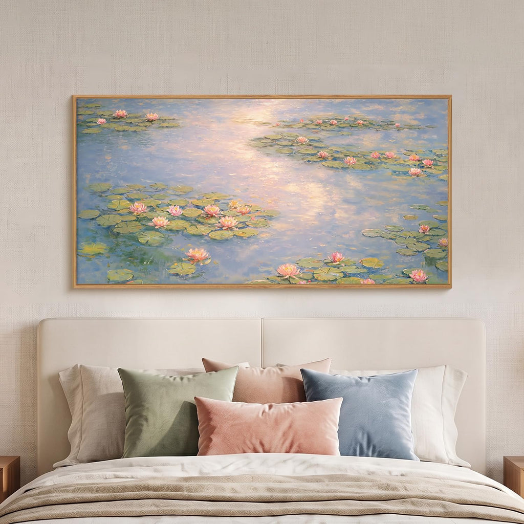 Large Monet Lilies Pond Framed Canvas Wall Art Set, Impressionist Landscape Wall Decor, Floral Garden Art