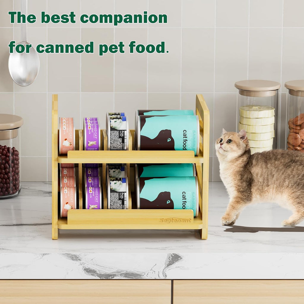 Rolling Bamboo Cat Food Can Organizer, 2-Layer Wet Cat Food Storage Container Holds 42 (3oz) Cans, Canned Cat Food