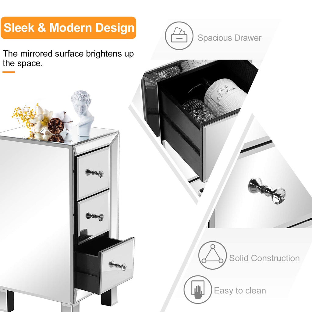 3-Drawer Mirrored Nightstand End Table Bedside Table, Silver, 11.7" L x 11.8" W x 23.8" H