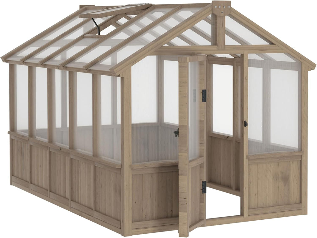 6'x10' Wooden Greenhouse for Outdoor, Heavy Duty Green House Kit with Ventilated Window and Lockable Door, 6mm PC