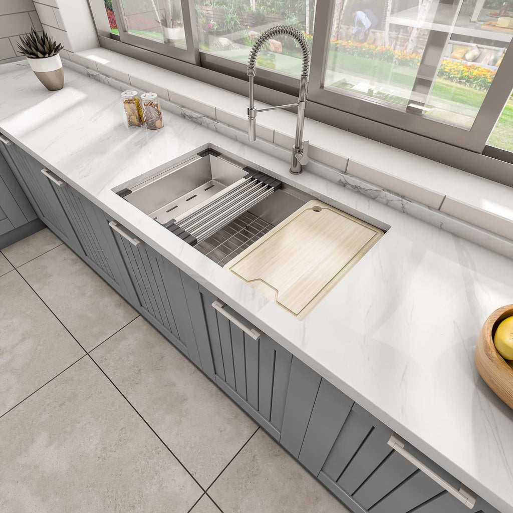 32" x 19" x 10" Undermount Single Bowl Workstation Kitchen Sink with 16 Gauge 304 Stainless Steel Satin