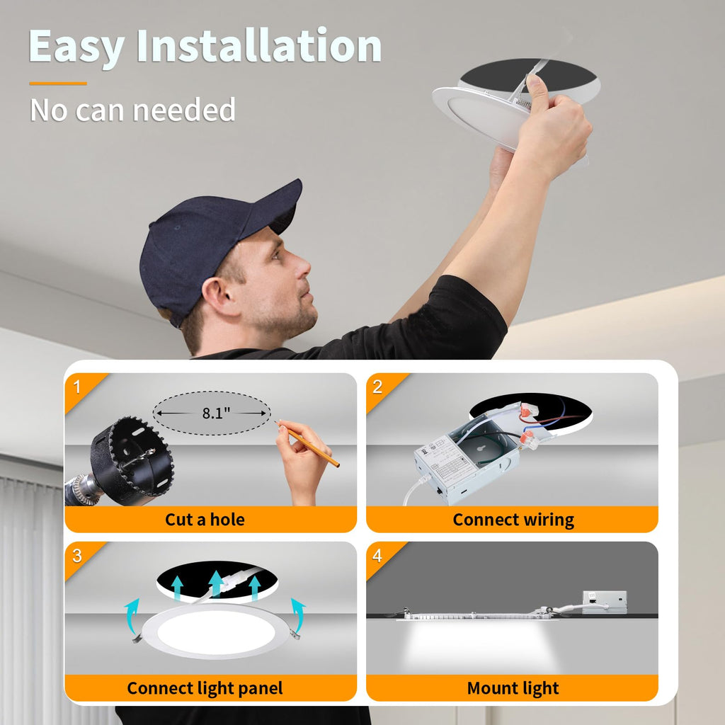6 Pack 8 Inch LED Recessed Lighting with Junction Box Ultra-Thin, 3000K/4500K/6000K Selectable, 8" Dimmable Canless