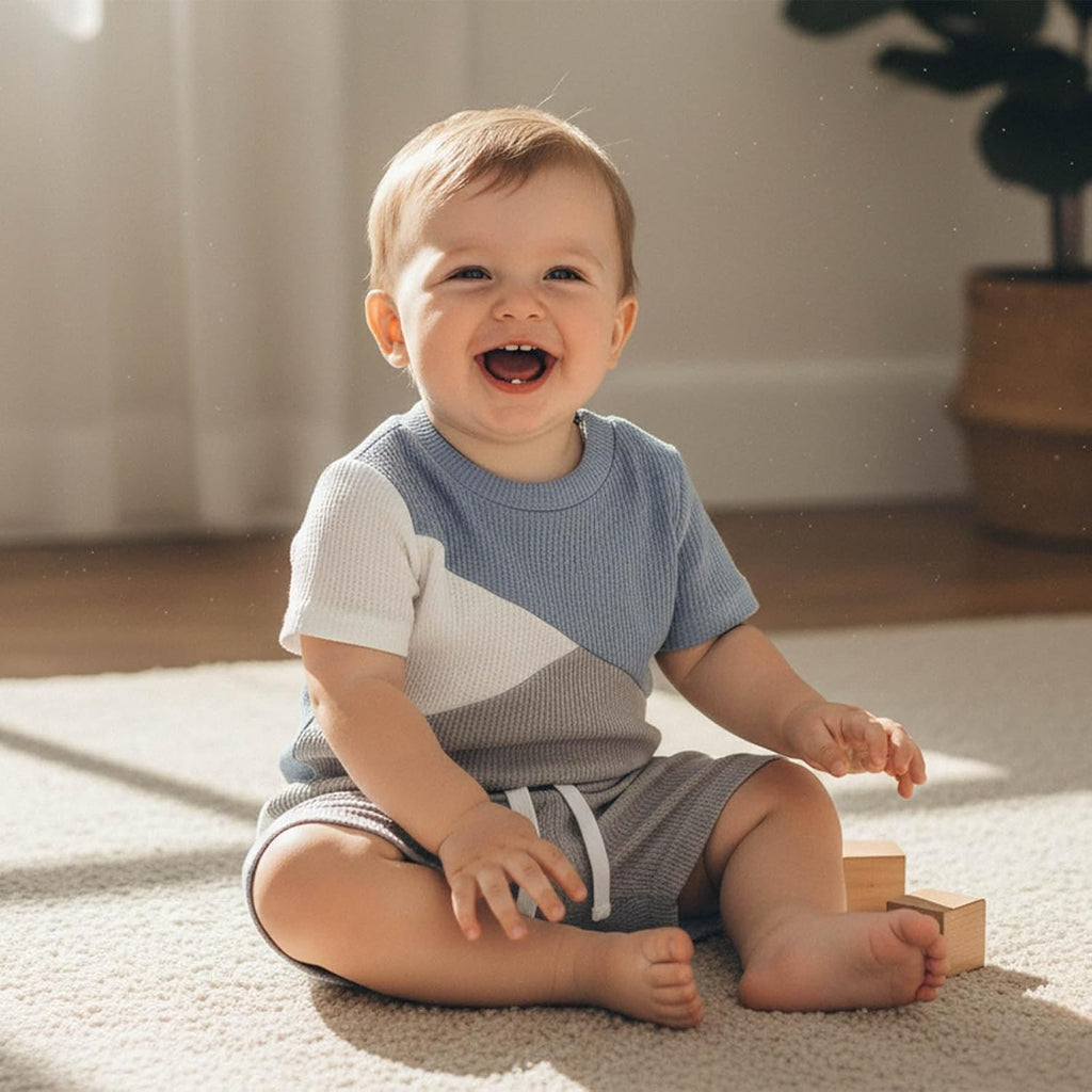 Toddler Baby Boy Summer Clothes Waffle Contrast Short Sleeve T-shirt Tops with Elastic Waist Shorts Sets Outfits