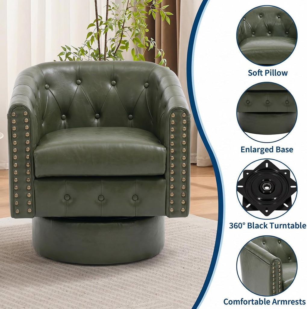 Swivel Barrel Accent Chair, 360° Leather Armchair with Rivets