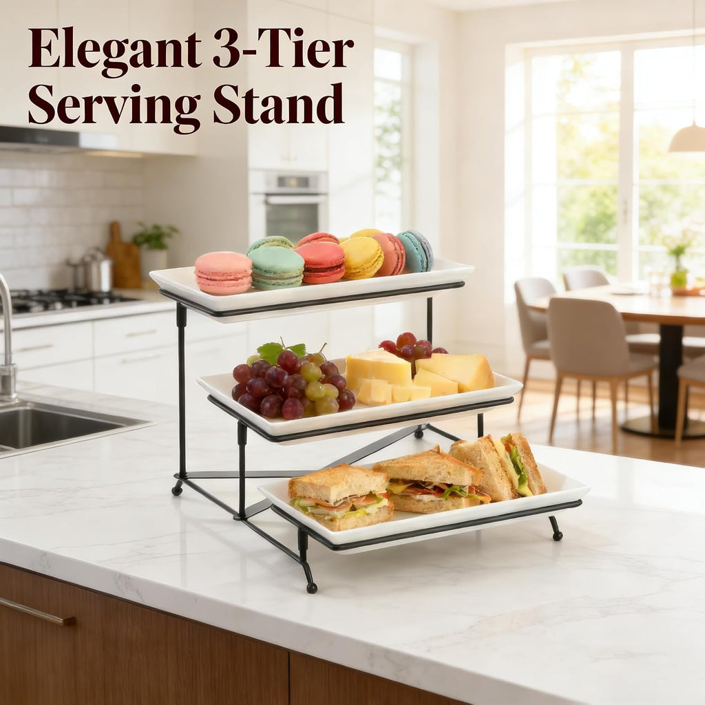 3 Tier Serving Tray, 12" White Plastic Tiered Food Serving Platters, Reusable Tray Stand Black Collapsible Metal