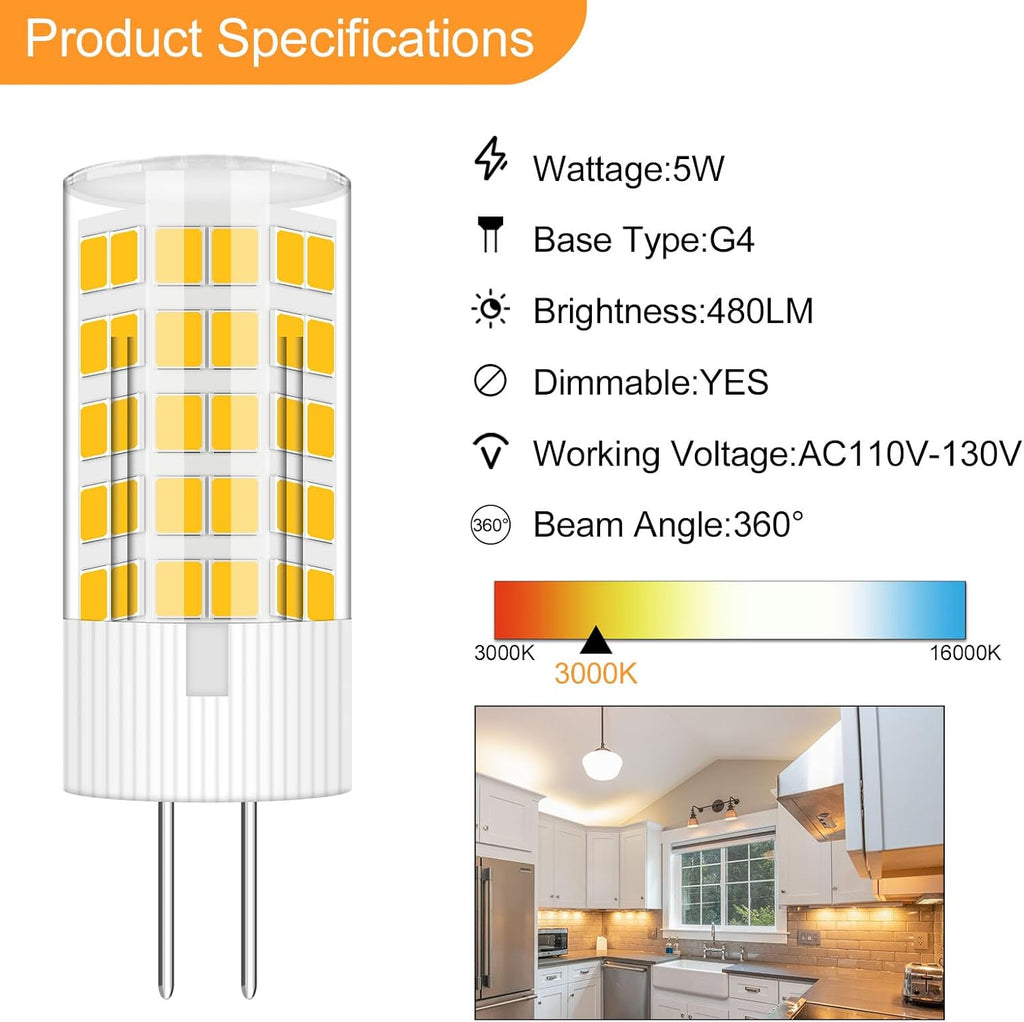 AC 120V G4 LED Bulb Dimmable 5W 3000K Replace 45W Halogen,10Pcs