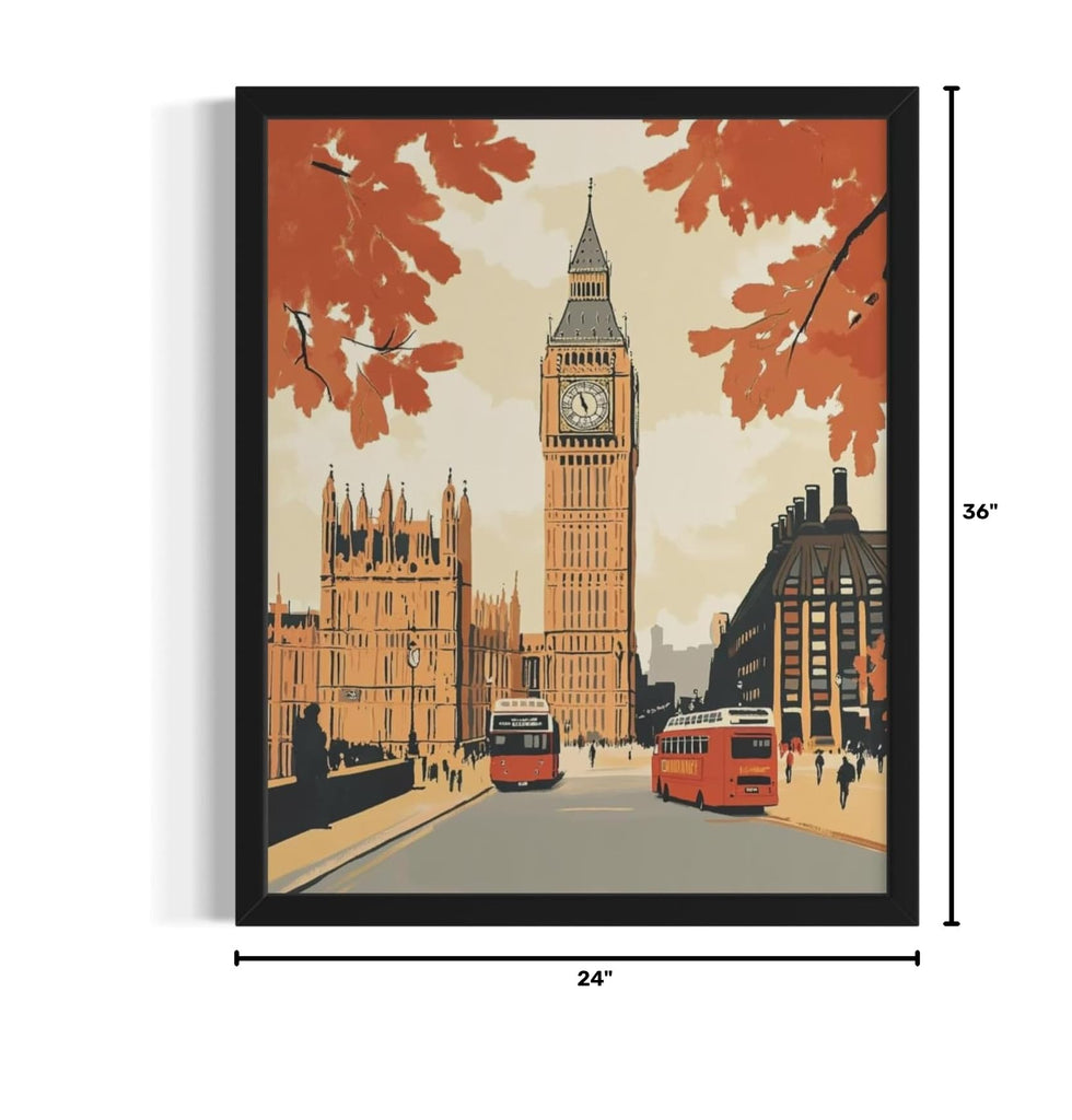 Big Ben London Wall Print Poster, Retro Vintage Landscape Landmarks Painting Artwork 224 (Big Ben London, 24 x 36