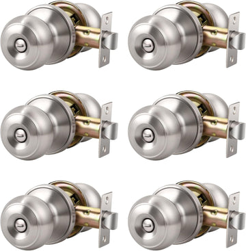 6 Pack Privacy Door Knob with Lock in Brushed Nickel Finish , Indoor Security Door Handle with Privacy Lock, Satin